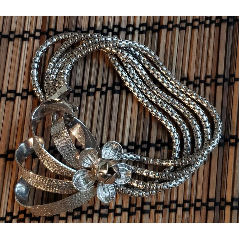 Vtg Unsigned Silver Tone Abstract Floral Metal Bracelet w/5 Interlocking Chains